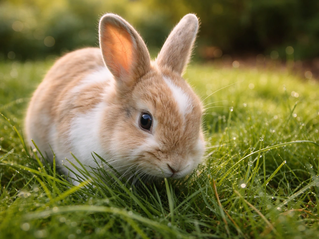 Konijn graast voor het eerst op vers, nat voorjaarsgras in de tuin.