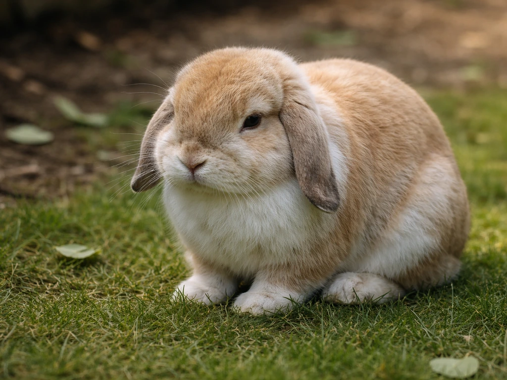 Sloom konijn of cavia met gebolde houding op gras, als signaal van mogelijke buikpijn of voedingsprobleem.