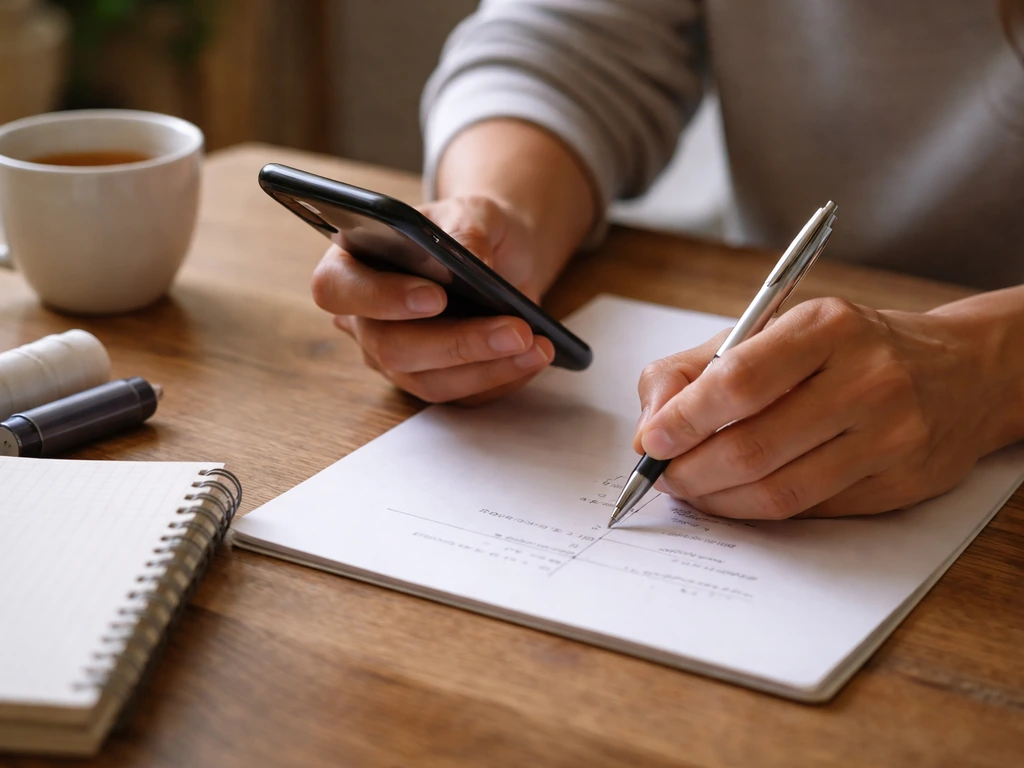 Handen noteren op papier terwijl iemand een telefoon gebruikt voor het verzamelen van informatie voor de dierenarts.