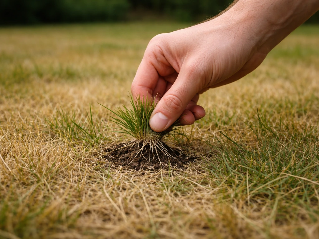 Hand trekt een plukje geel gras omhoog in een tuin om de trektest te checken.