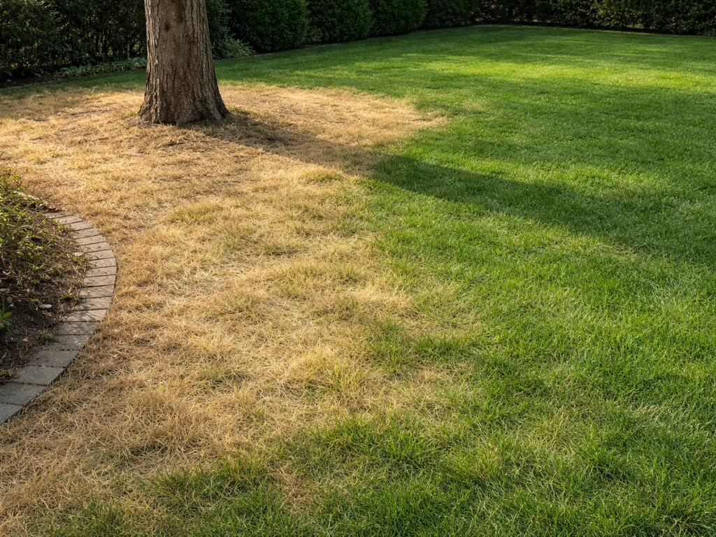 Gazon met geel uitgebleekt gras in duidelijke zones rondom een boom en langs een pad, contrasterend met groen.