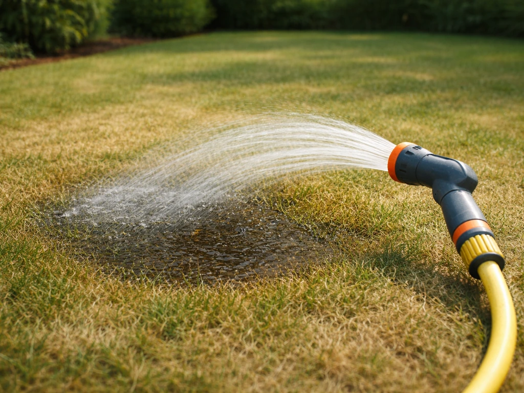Sproeier of tuinslang geeft water op een geel gazon, met zichtbare natte kring rond de plek.