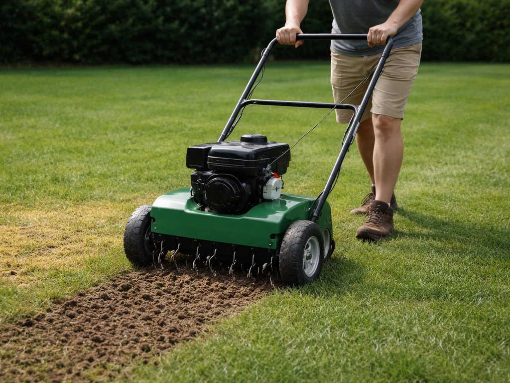 Anonieme persoon die een gazonbeluchtingsmachine over een geel verdicht stuk gras duwt, met opengewerkte grond.