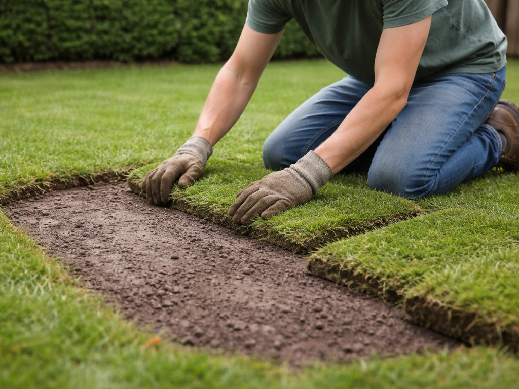 Tuinier knielt bij een kale plek in het gazon, terwijl zoden worden gelegd langs het bestaande gras.