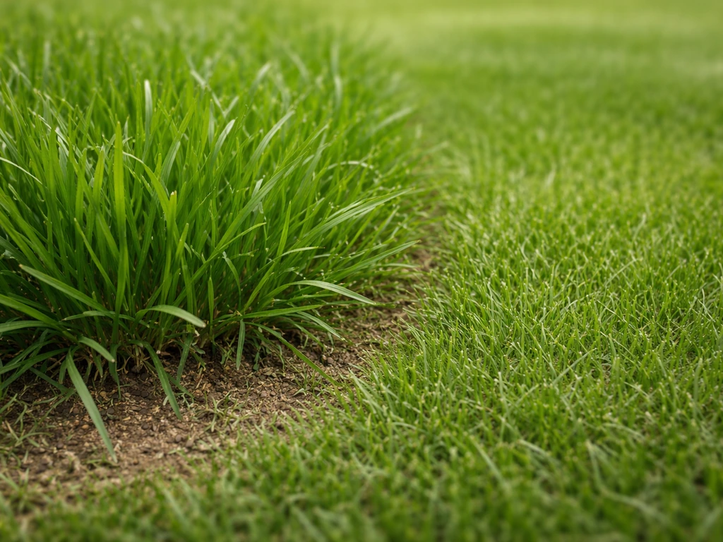 Close-up van een gazonplek met gras dikke sprieten naast fijner gras, in natuurlijk daglicht