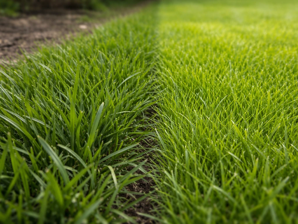 Close-up van een gazonrand met grovere “dikke sprieten” naast fijner gras, duidelijk zichtbaar in kleur en structuur.