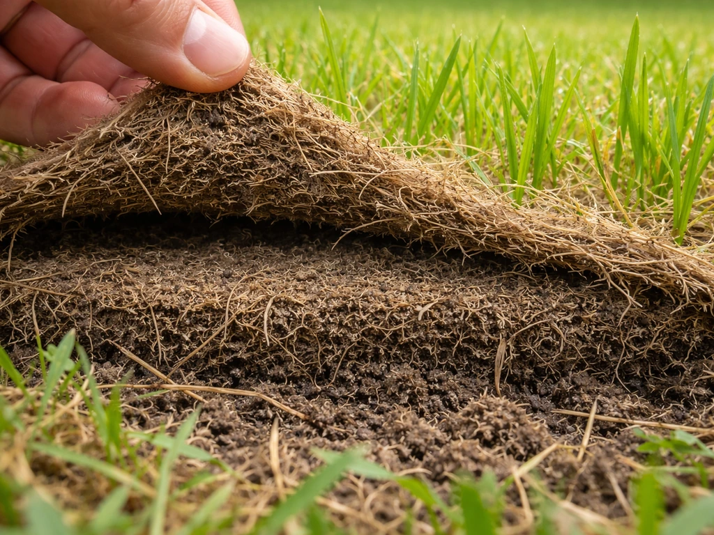 Close-up van vilt in het gazon: een donkere sponsachtige laag met levende groene grassprietjes erboven.