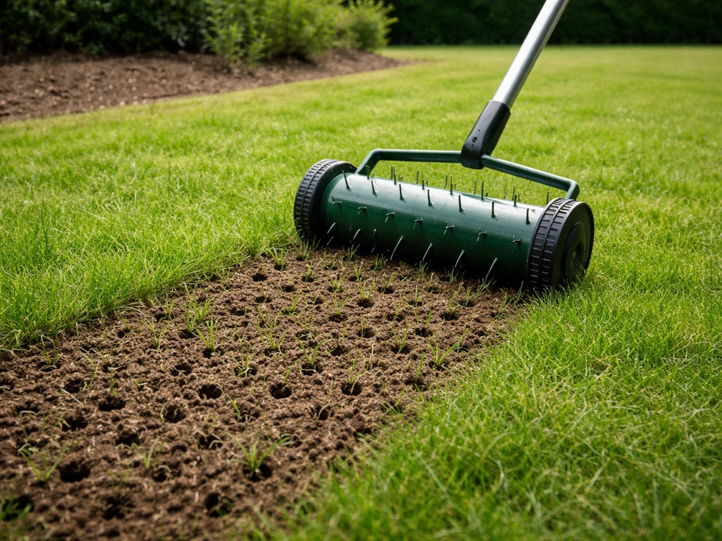 Een gazonbeluchter maakt gaatjes in een verdichte grasmat; verse grond is zichtbaar op een tuinplek.