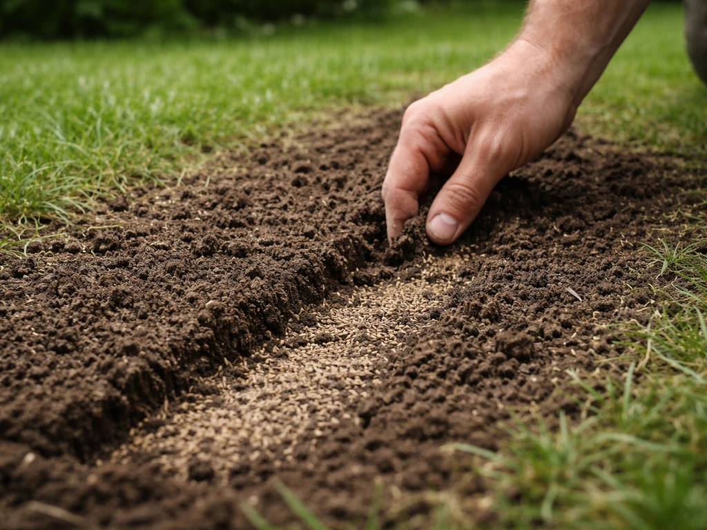 Close-up van losgemaakte grond met vers gazonzaad dat gelijkmatig wordt ingezaaid en licht afgedekt.