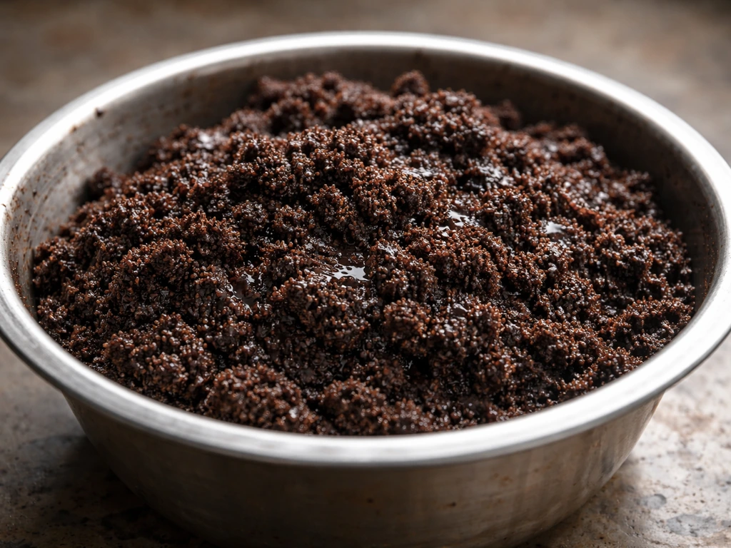 Close-up van natte koffieprut in een metalen bak, met duidelijke korrelige textuur en vochtige glans.