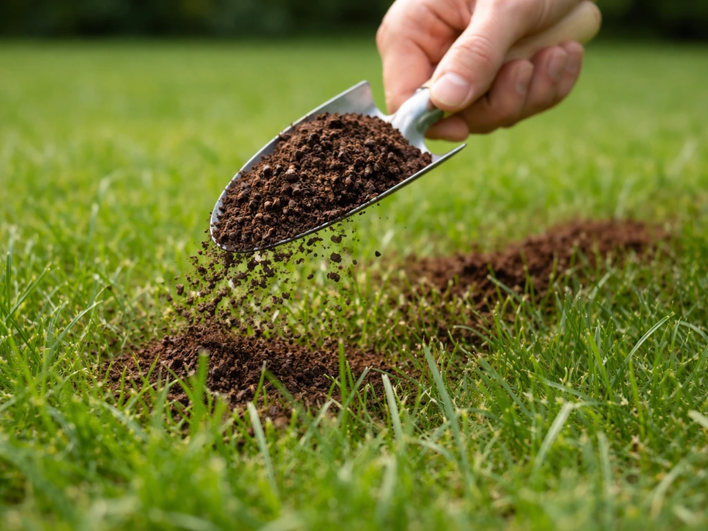 Hand strooit koffieprut in een dunne, gelijkmatige laag over een groen gazon
