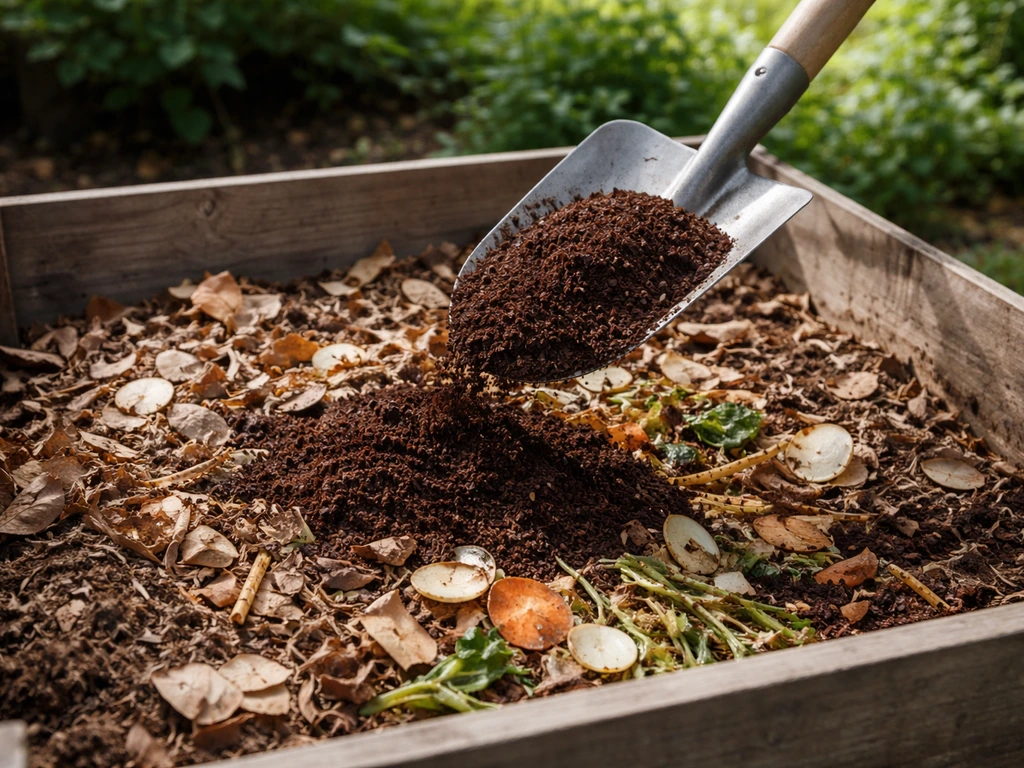 Koffieprut wordt aan een compostbak toegevoegd tussen droge bladeren en karton.
