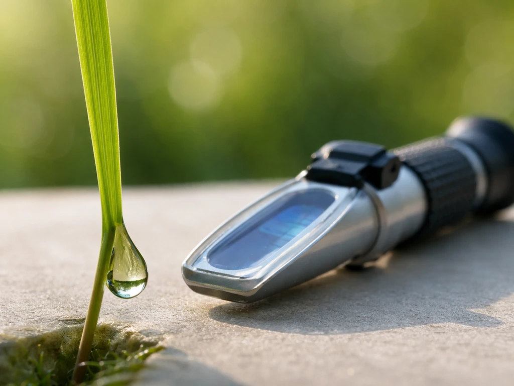 Close-up van een grasspriet met druppel plantensap en een kleine refractometer die suiker meet.