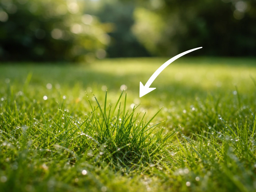Close-up van groen gras met dauwdruppels, een pijl die naar het gras wijst voor uitleg.