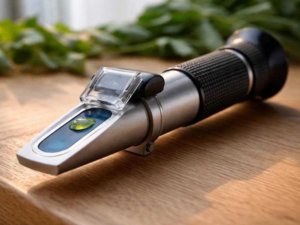 Refractometer op tafel met druppel plantensap en een duidelijke Brix-aflezing