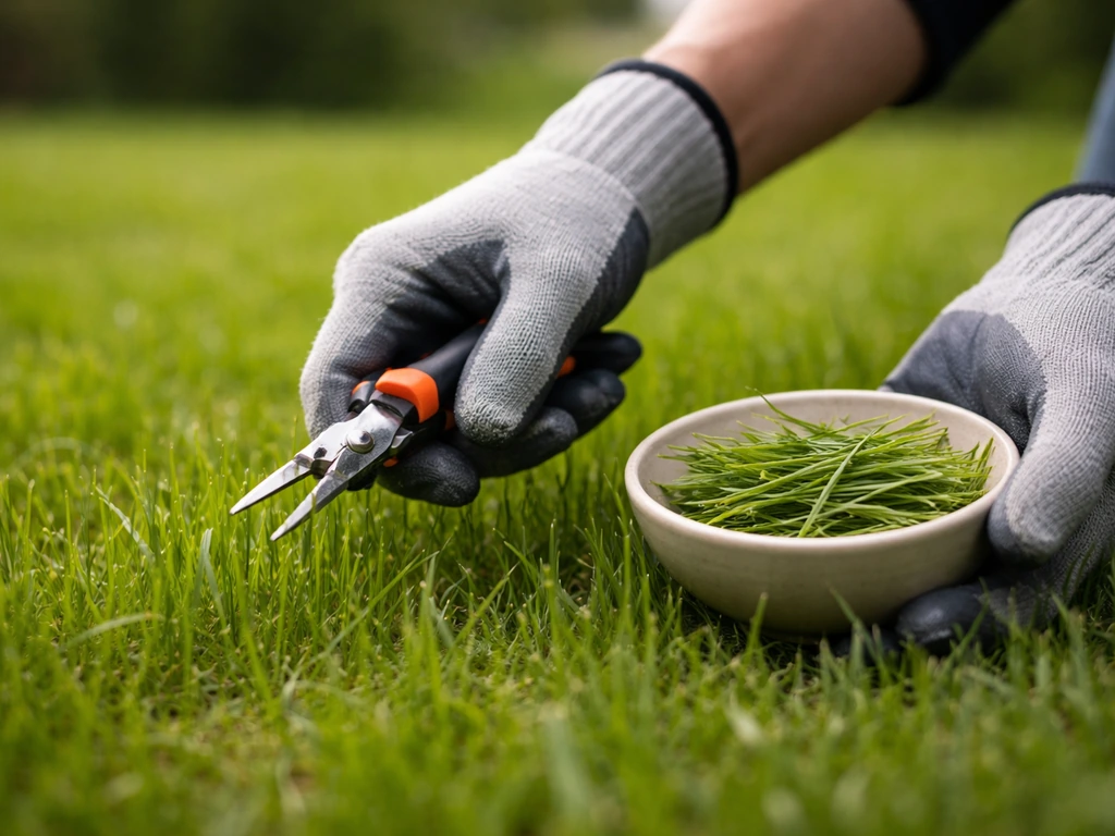 Iemand verzamelt met kniptang en handschoenen gras-sprietjes in een kommetje voor meting in het gazon