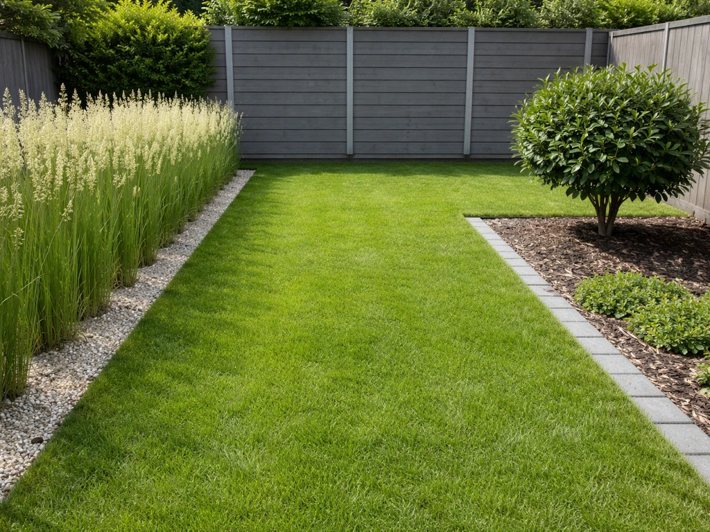 Drie stroken in één tuin: gras op stam links, klassiek gazon midden, struik of boompje rechts.
