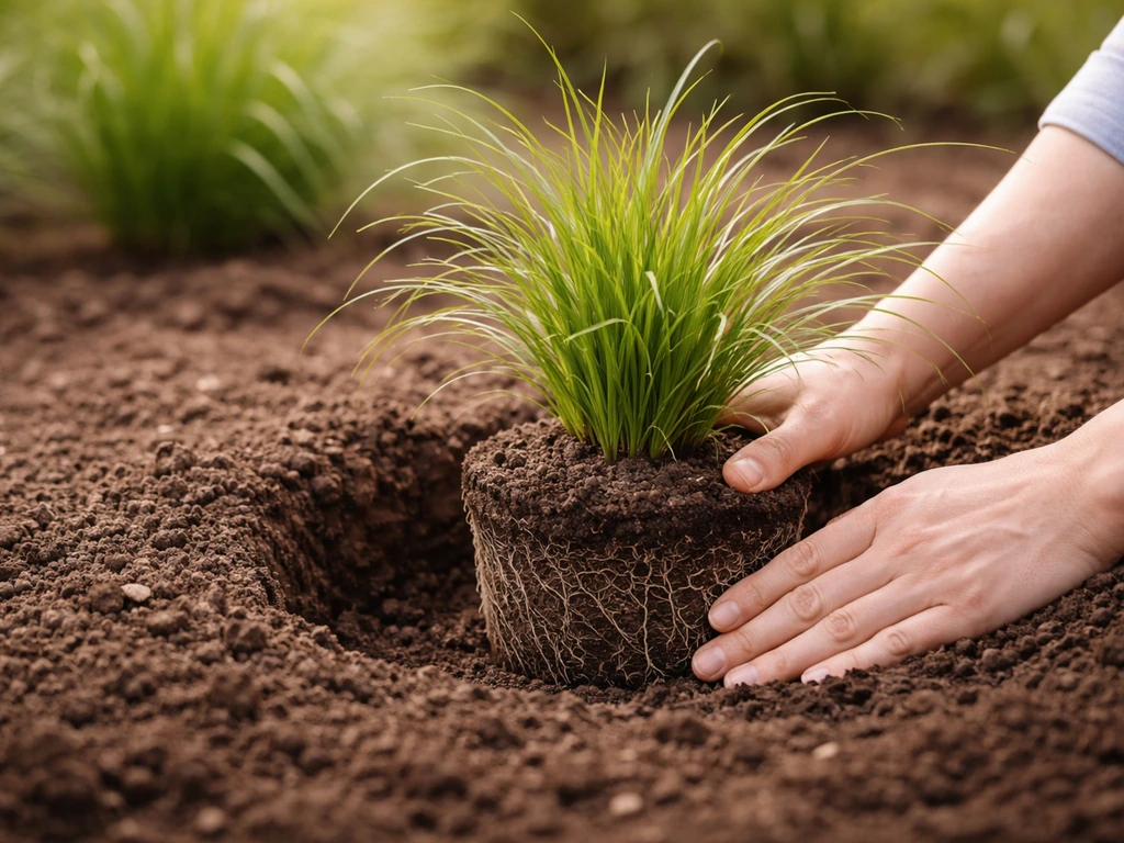 Lente-aanplant van een siergras: potkluit in een plantgat, aarde licht aangedrukt in een tuin.