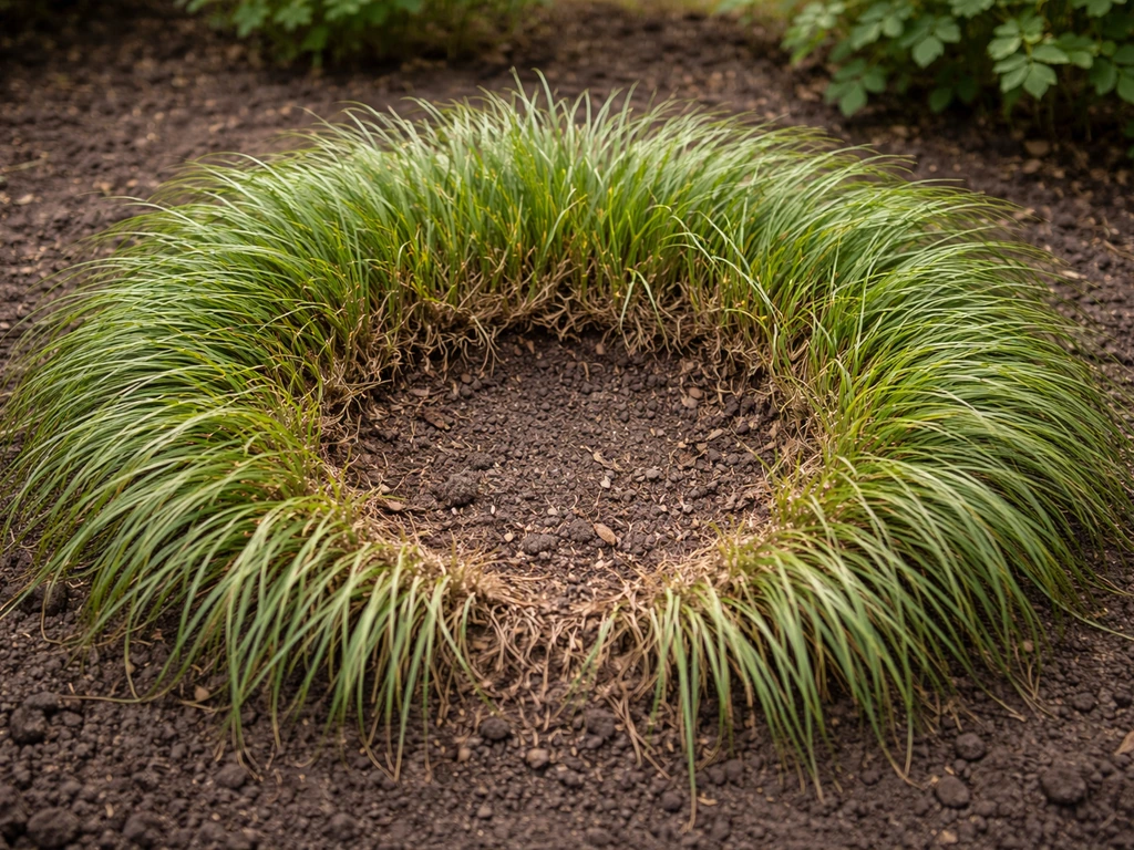 Kale kern (“donut”) in een oudere pol siergras, met groene buitenrand in een tuinbodem