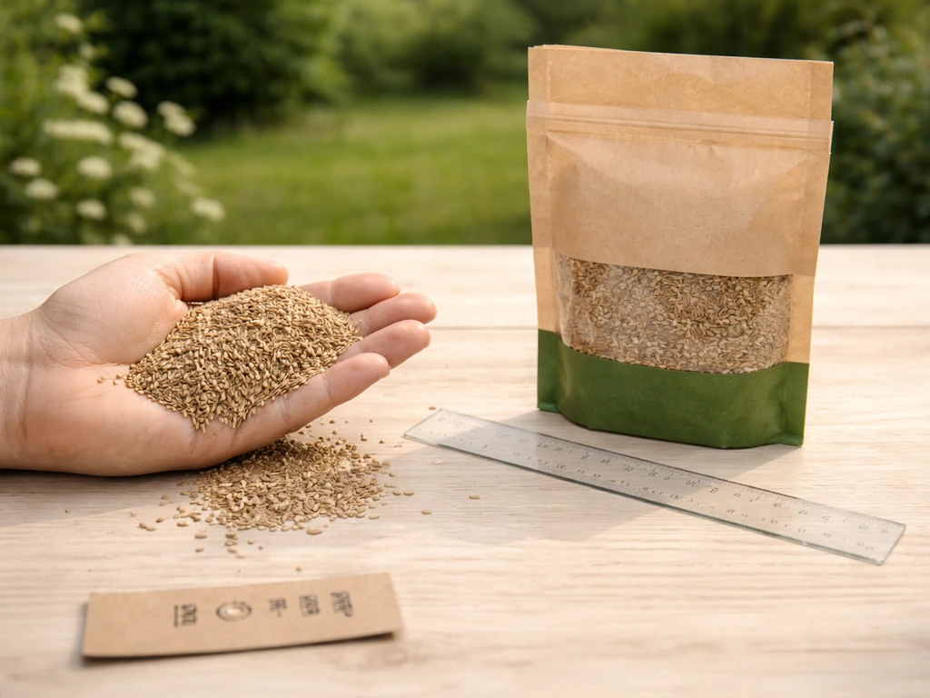 Groszaad en een graszaadverpakking met een meetlat-achtige maatreferentie op een houten tafel in de tuin.
