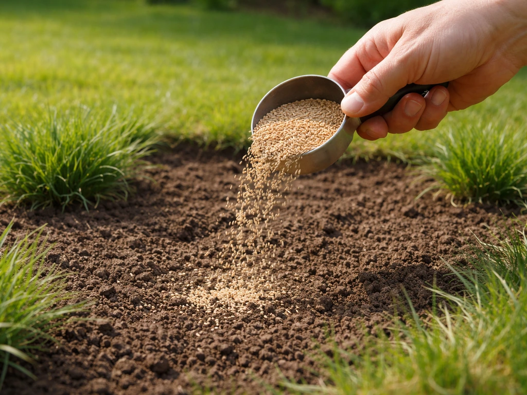 Anonieme hand strooit graszaad uit over een onlangs losgemaakte kale plek in het gazon.