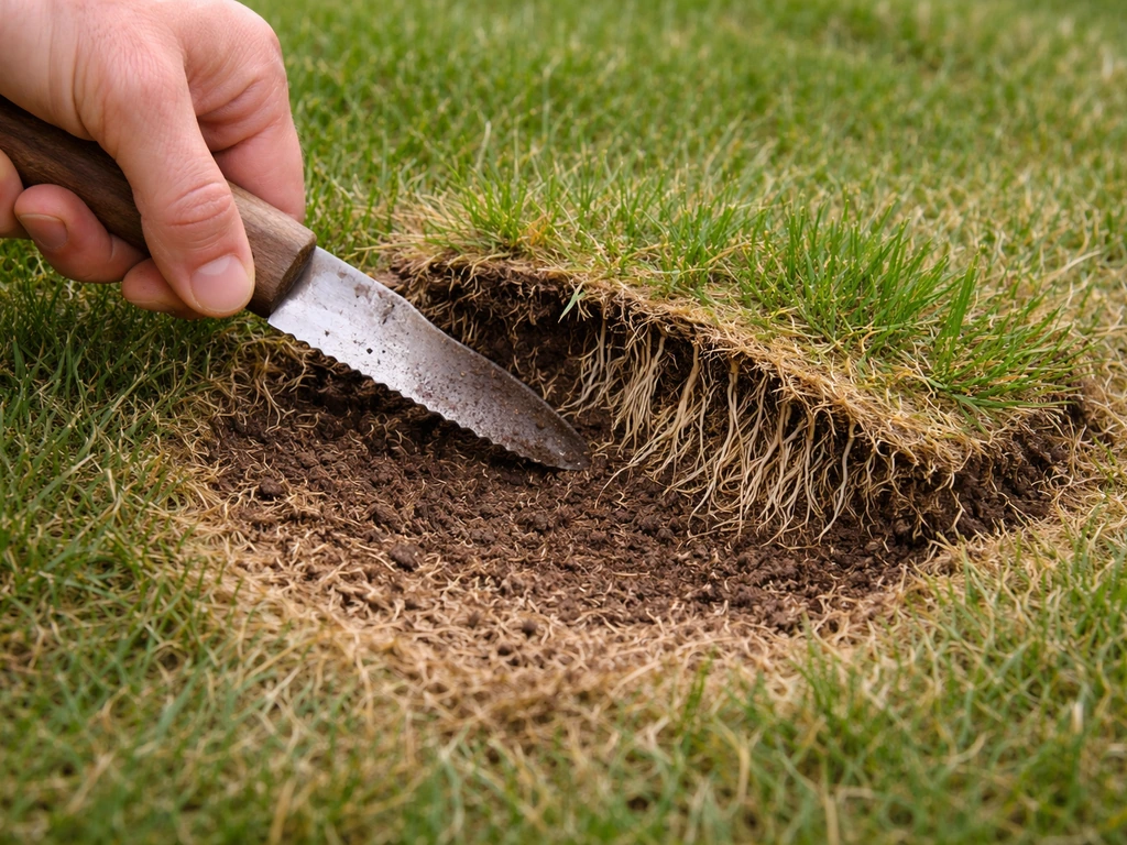 Bruine plek in het gazon met opgelichte grasmat; tuinschep/mes en zichtbaar wortelgedeelte en kroon.