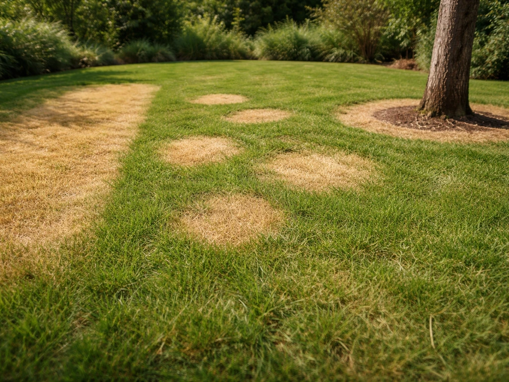Gazon met drie zichtbare patronen van bruin en geel gras: gelijkmatig, in kringen en rond een boom