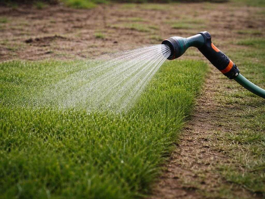 Gelijkmatige beregening van een gazonstrook met een tuinslang/sproeier op gras tijdens droogtestress.