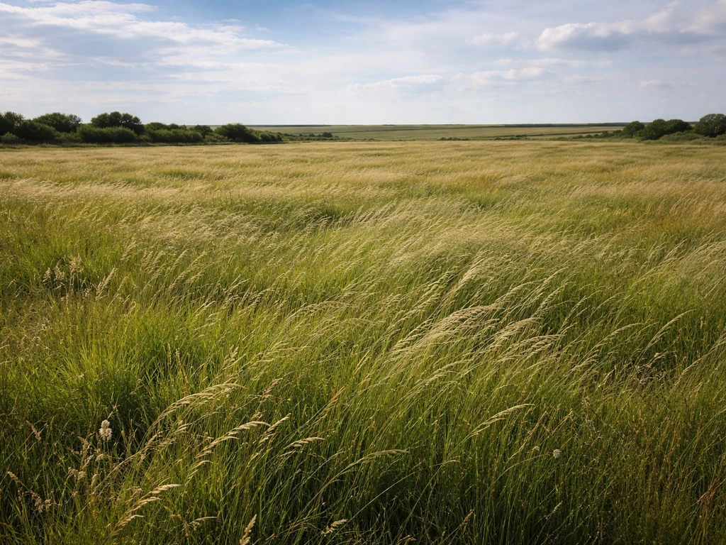 Uitzicht op een open grasland/weide met dominantie van grassen en golvende vegetatie in de wind.