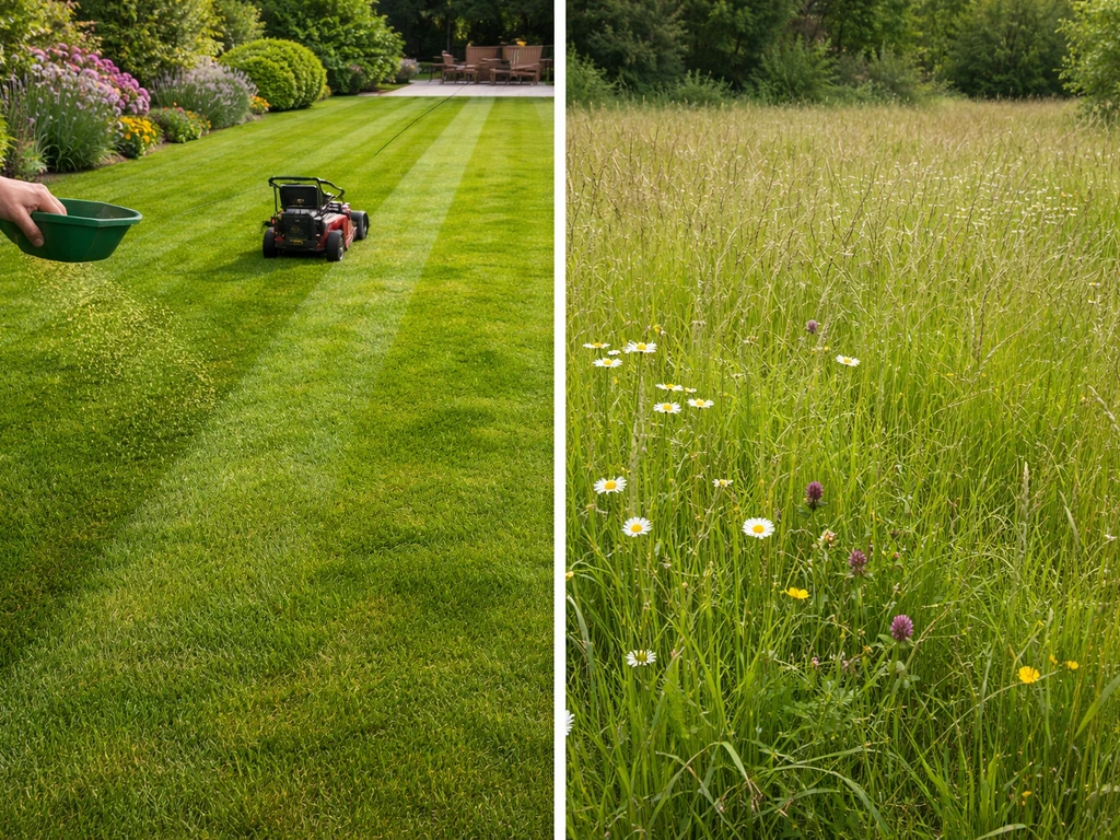 Links strak gemaaid gazon en mest in tuin, rechts natuurlijk grasland/weide—duidelijk verschil in context.