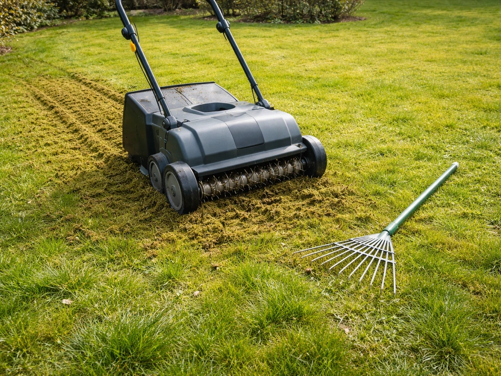 Verticuteer- of beluchtingsmachine rijdt door mos en vilt op een gazon, met hark naast de machine.