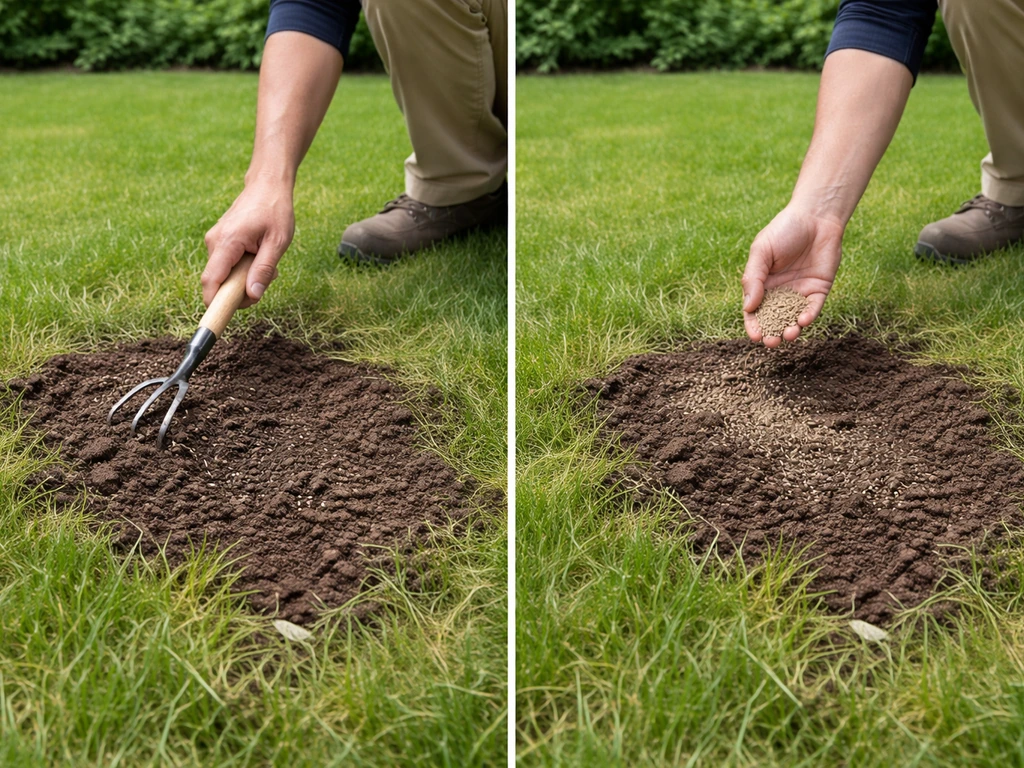Hand werkt kale plek in en zaad wordt ingewerkt in een herstelde strook in het gazon.