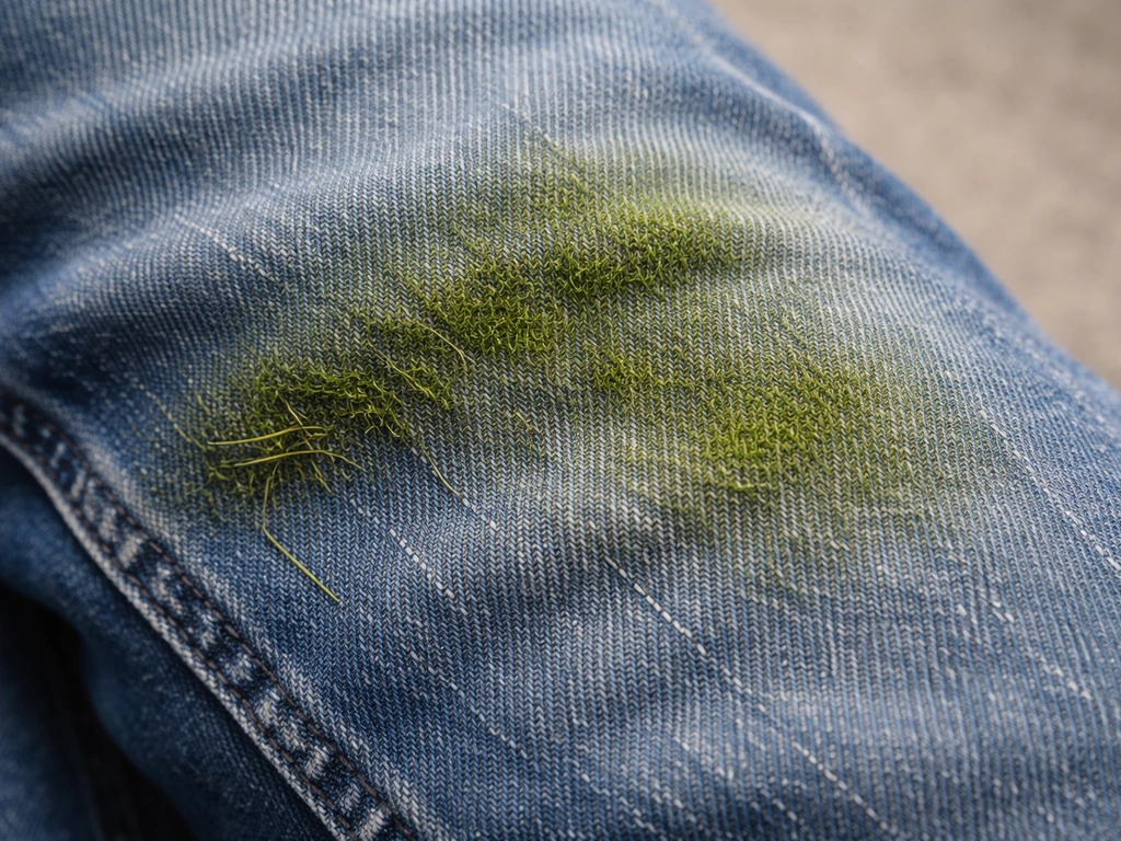 Close-up van groene grasvlekken op denim, met zichtbare denimweefselvezels en pigmentafzetting.