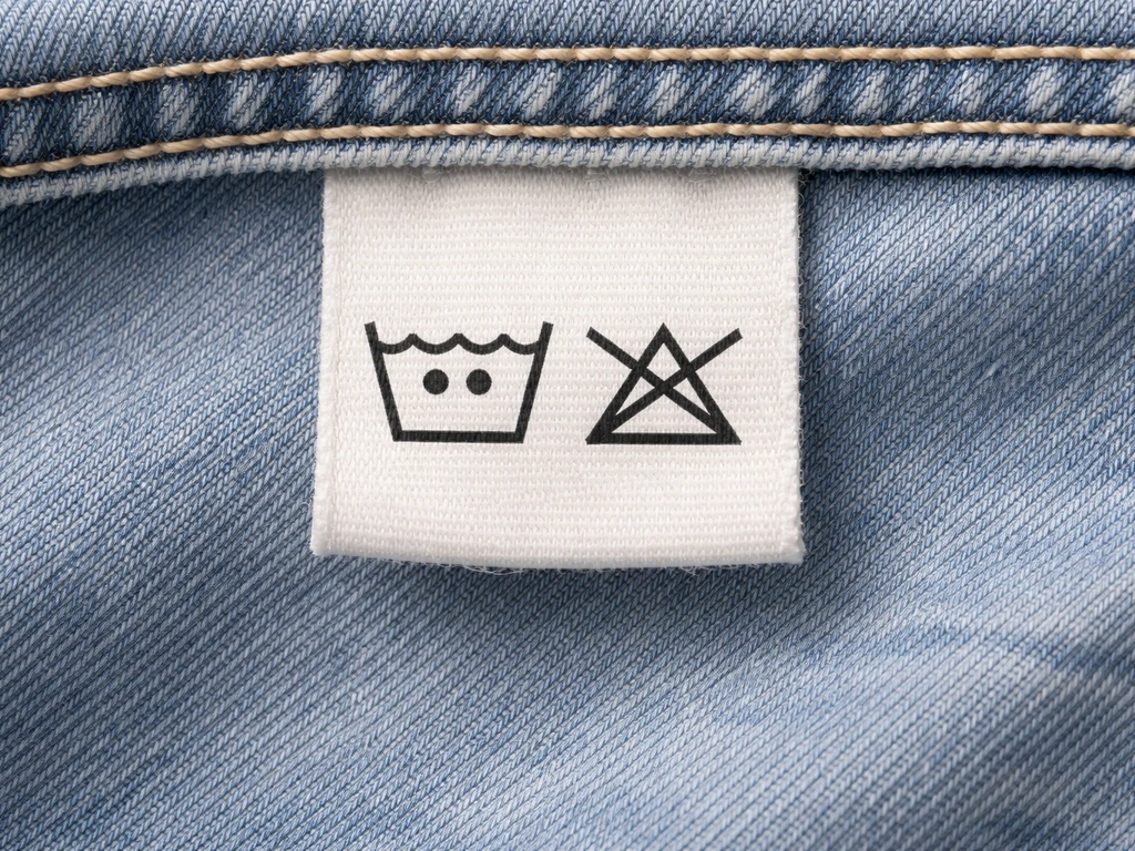 Close-up van het wasetiket in een spijkerbroek met symbolen voor bleken en wastemperatuur.