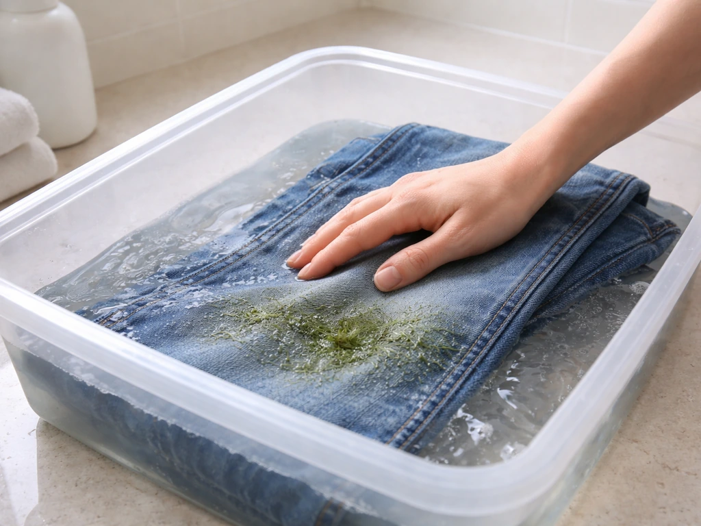 Denim of alleen een grasvlekdeel wordt geweekt in een bak met koud water, klaar om te wassen