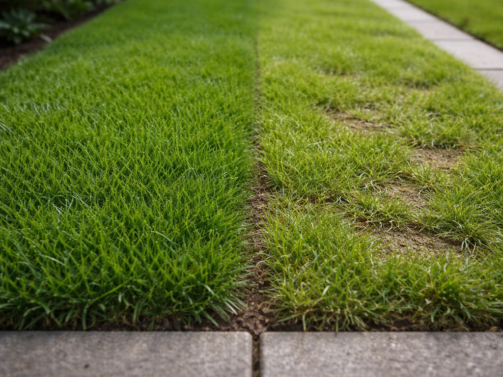 Close-up van twee grasstroken met verschil in dichtheid en veerkracht na betreding door kippen.