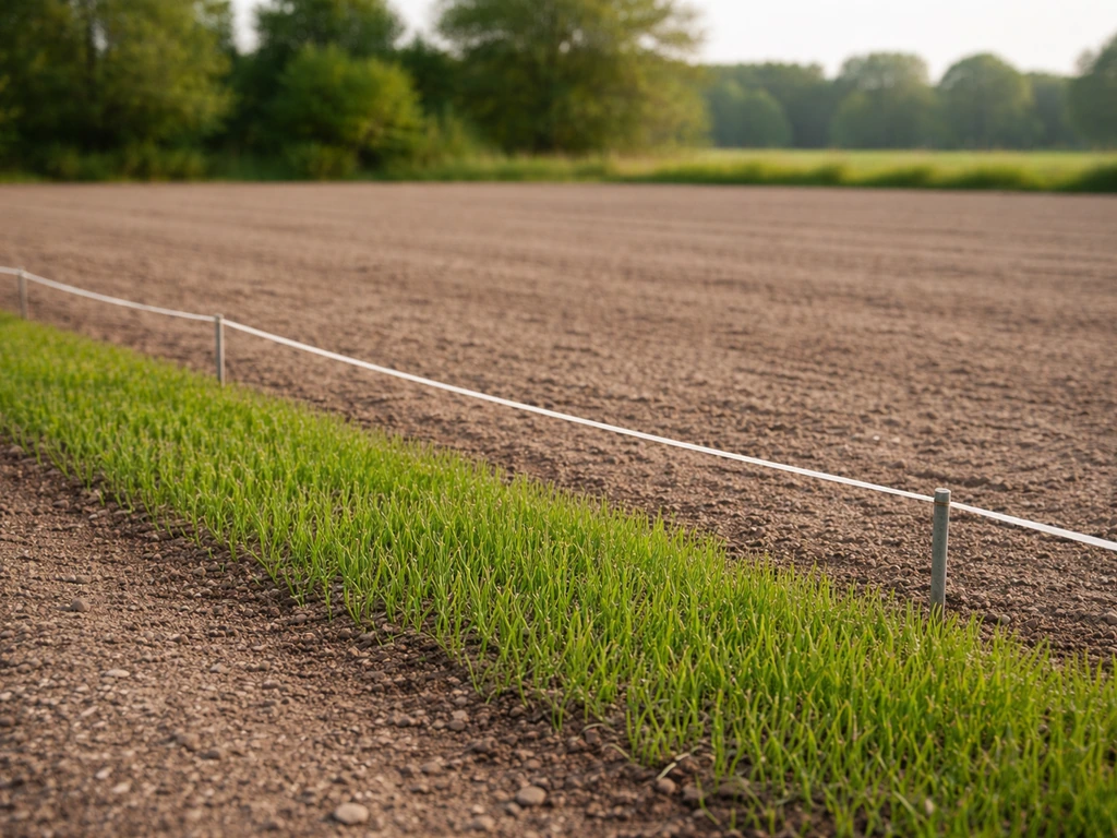Landbouwgrond met ingezaaide strook, afgebakend als ren-scharrelovergang, met geëgaliseerde bodem en klaar zaaibed.