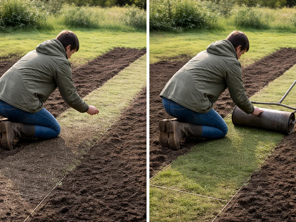 Iemand rolt graszaad aan op een scharrelstrook met lichte markeringsgroeven in de grond.