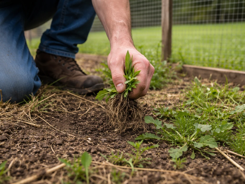 Handmatig onkruid verwijderen langs een scharrelstrook met gras in een kippenren.