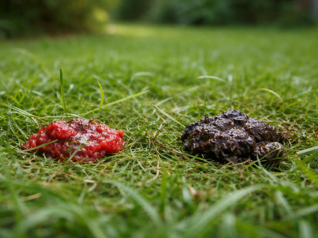 Close-up van nat gras en kleine braakselplekjes met vers rood en donker teerachtig materiaal