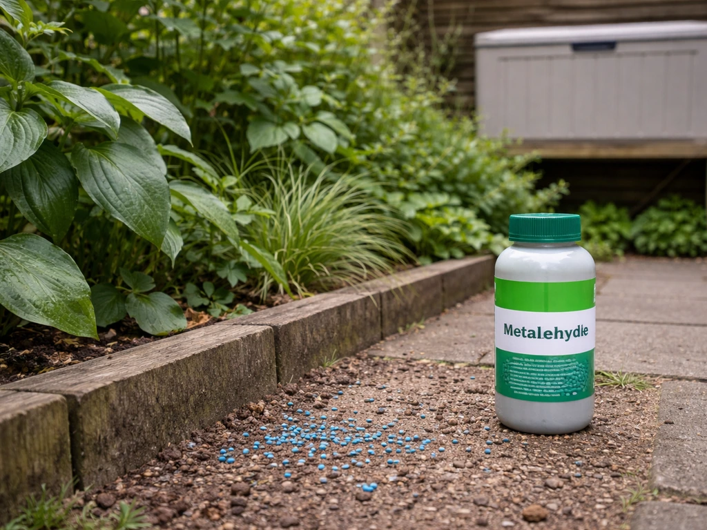 Nederlandse tuin met slakkenkorrels en een afgesloten, katveilige opslagbox voor tuinmiddelen op hoogte.