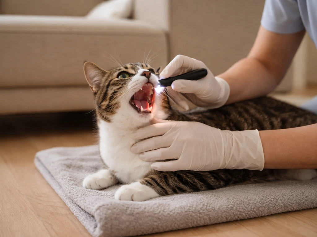 Gehandschoende hand checkt voorzichtig de mond en keel van een kat met een zaklampje op een zachte onderlegde plek.
