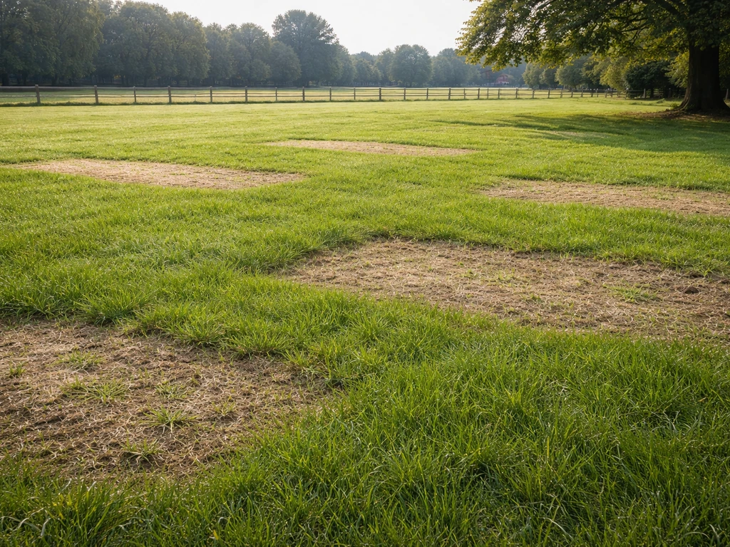 Groene paardenweide met zichtbare doorzaai/rehinzaai-zones in herstel, rustig omheind, geen paarden in beeld.