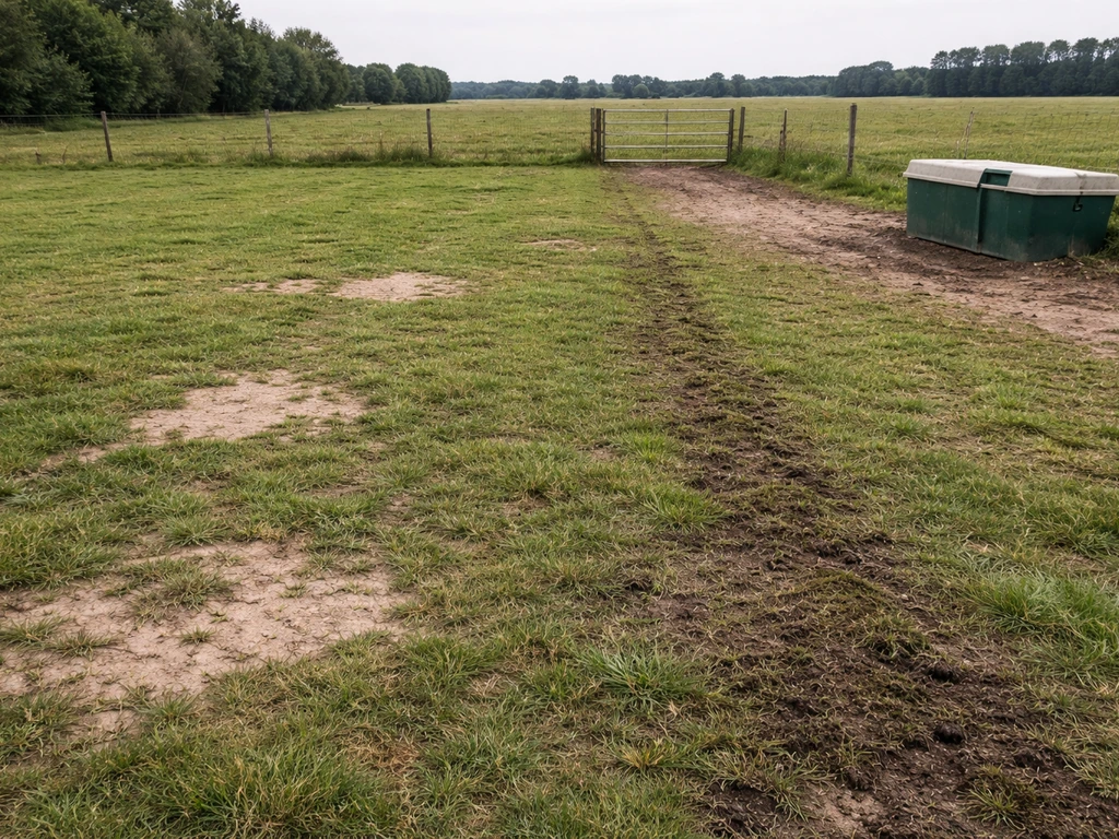 Gras paardenwei met kale plekken, mos/vilt en vertrapping langs het hek en drinkpunt.