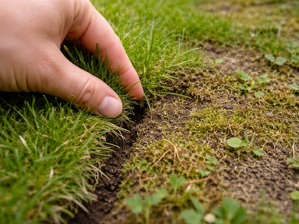 Close-up van een hand die gras uit elkaar trekt om kale en mosrijke plekken in een wei te beoordelen.