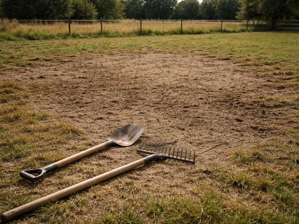 Kale, vertrapte weideplek met schep en hark, mos/viltresten en droge zomergrond opgeruimd.