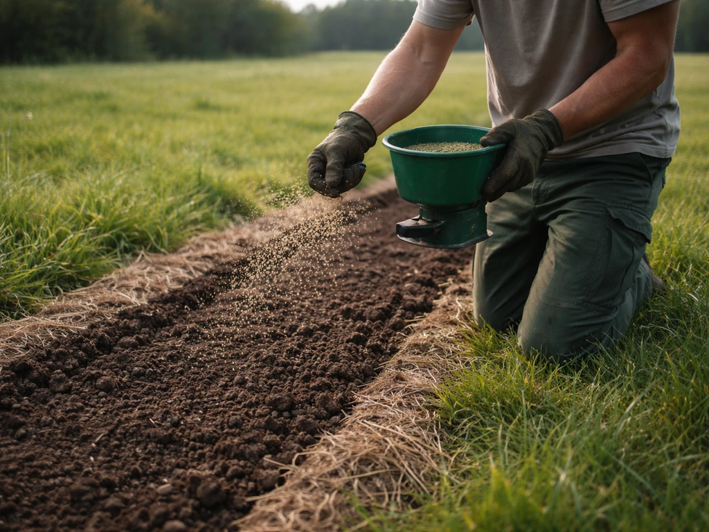 Anonieme tuinmedewerker zaait een kale strook in op een graswei met een handstrooier of zaaimachine.