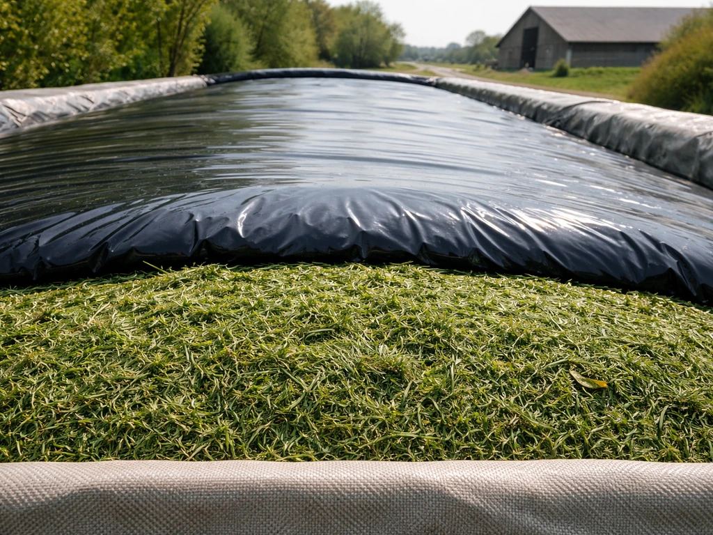 Verse graskuil in een sleufsilo, vers gesneden gras onder zwarte folie met licht rijscherm, bij daglicht.