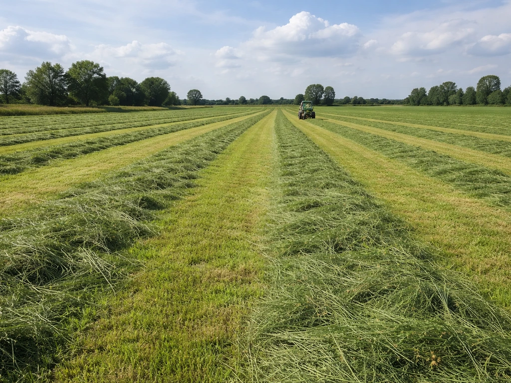 Groen gras in zwaden op een veld, klaar om te worden gehakseld op een rustige dag.