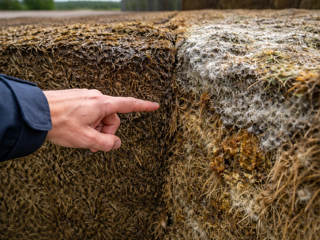 Landelijke graskuil met inspectie: kuilrand deels met schimmel en een gezonde plek met fris-zuur uitstraling